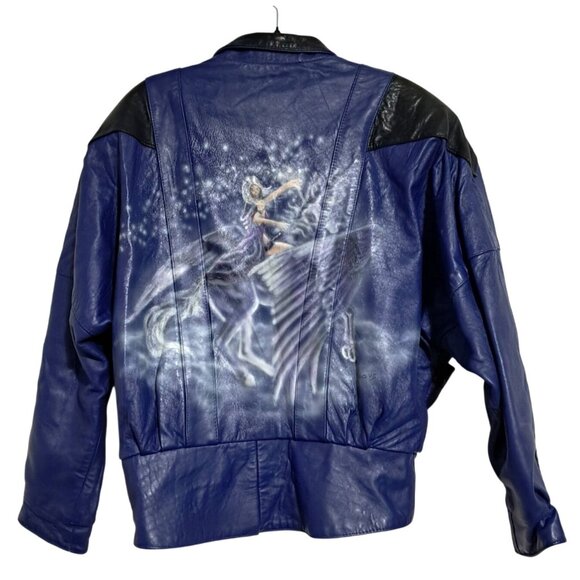Vintage Jackets & Blazers - 1995 Signed Geo Airbrushed Pegasus Fairy Leather Bomber Jacket Sz 10 Vintage
